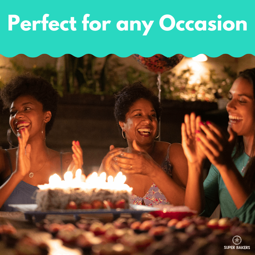 Group of women celebrating with a cake at a party featuring Date Cake Baking Mix by Super Bakers.