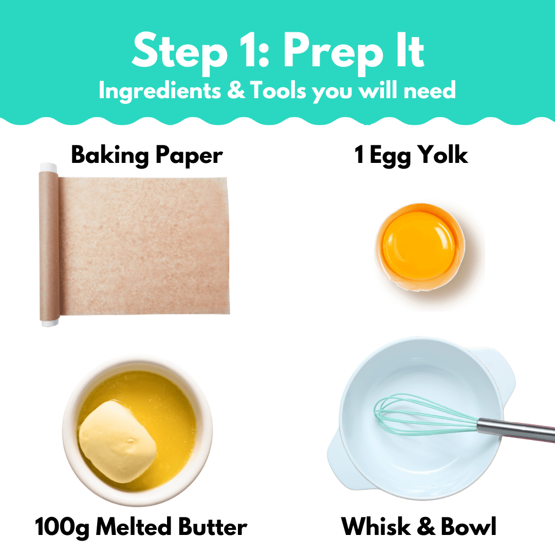 Chocolate Chip Cookie Baking Mix preparation ingredients showing baking paper, egg yolk, melted butter, and mixing bowl with whisk