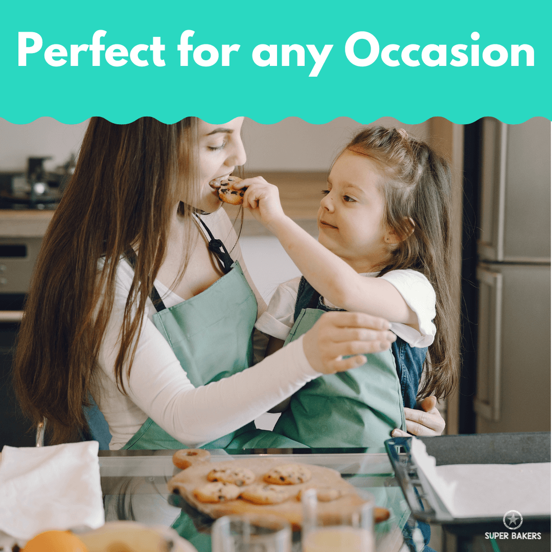 Parent and child baking chocolate chip cookies together using Chocolate Chip Cookie Baking Mix in kitchen