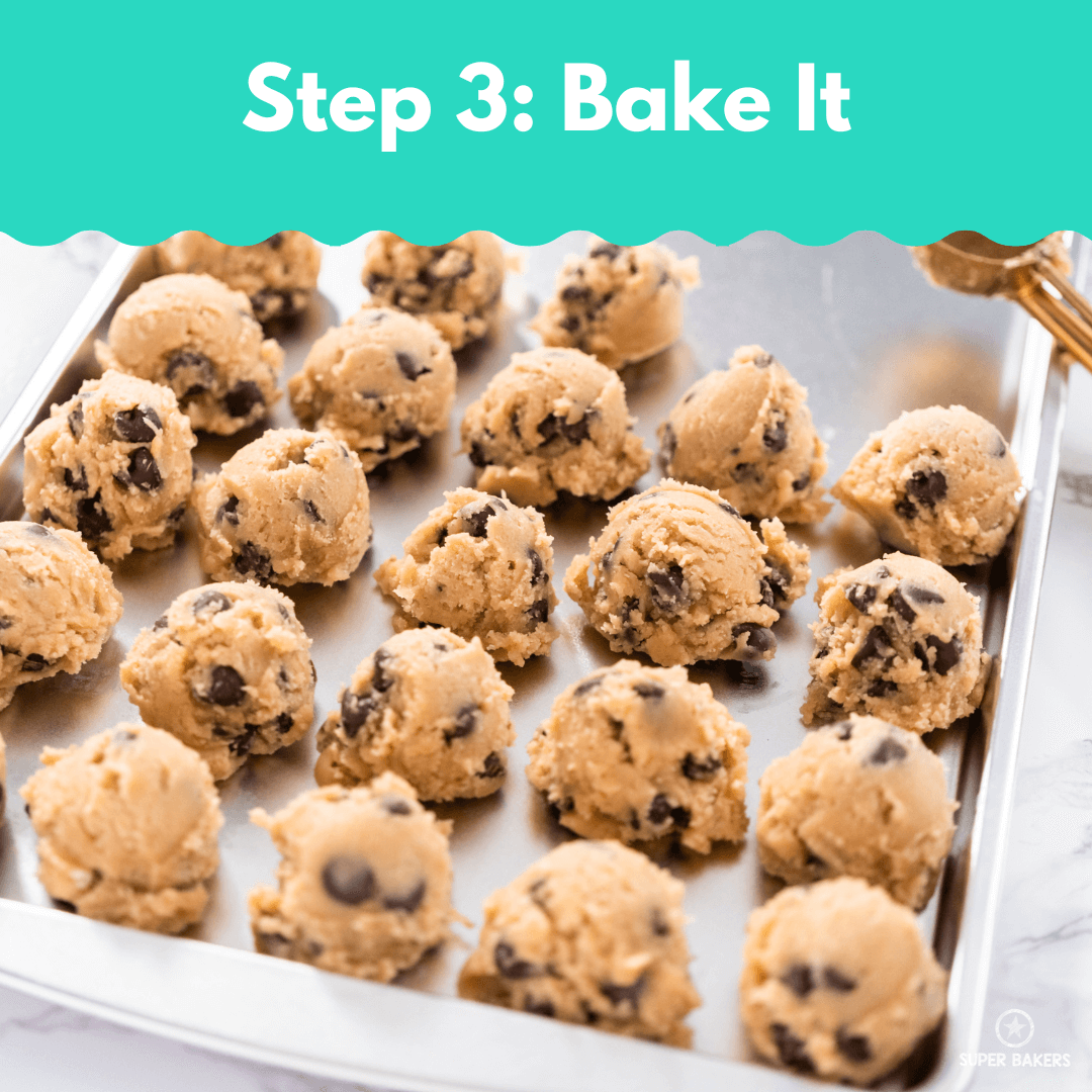 Chocolate Chip Cookie Baking Mix dough balls arranged on baking sheet ready for oven, Step 3 baking instruction image
