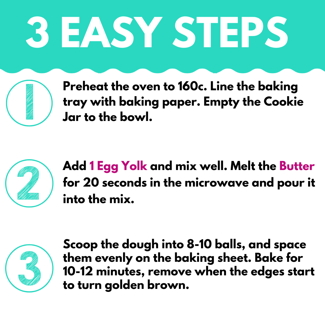 Chocolate Chip Cookie Baking Mix 3 easy steps instructions showing how to bake homemade cookies with egg yolk and butter