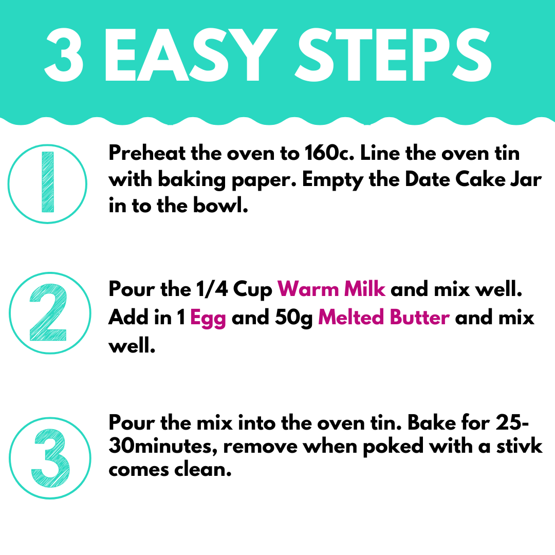 Date Cake Baking Mix instructions for easy 3-step recipe with milk, egg, and butter for a delicious homemade cake.