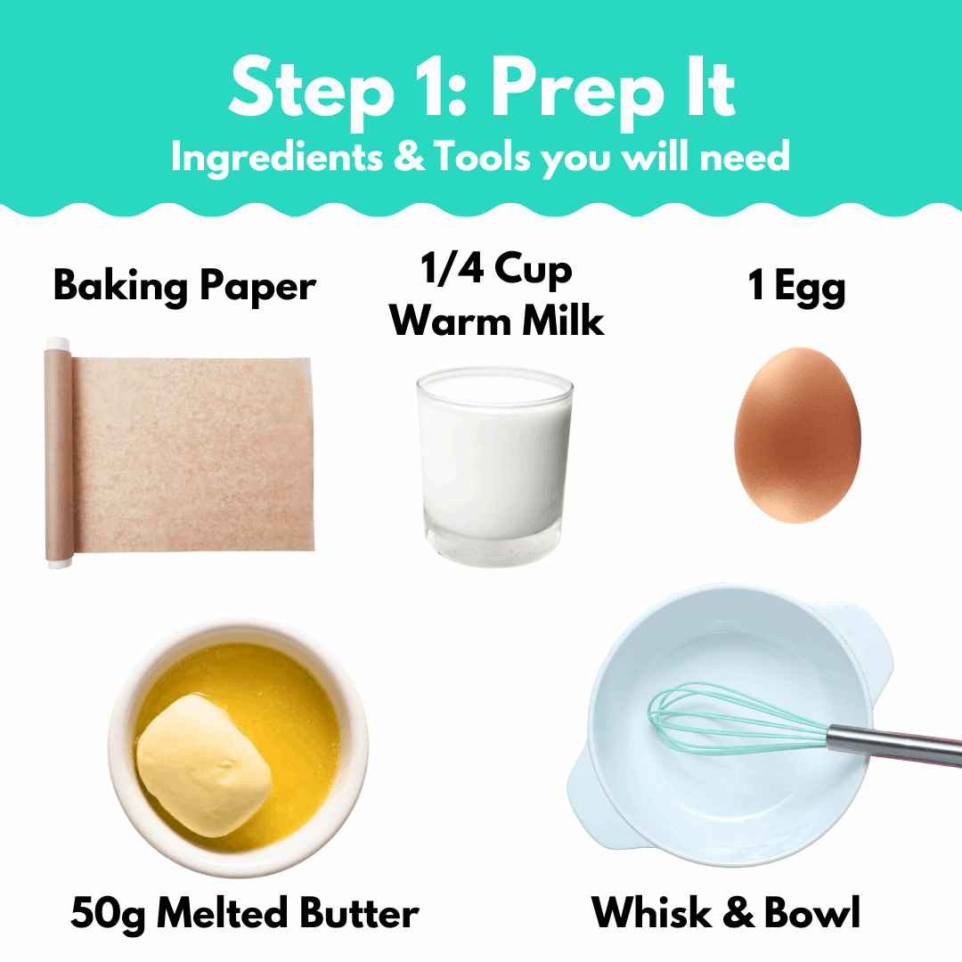 Date Cake Baking Mix ingredients and tools including baking paper, milk, egg, melted butter, whisk, and bowl for easy preparation.