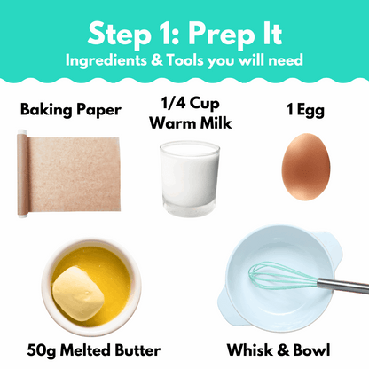 Date Cake Baking Mix ingredients and tools including baking paper, milk, egg, melted butter, whisk, and bowl for easy preparation.