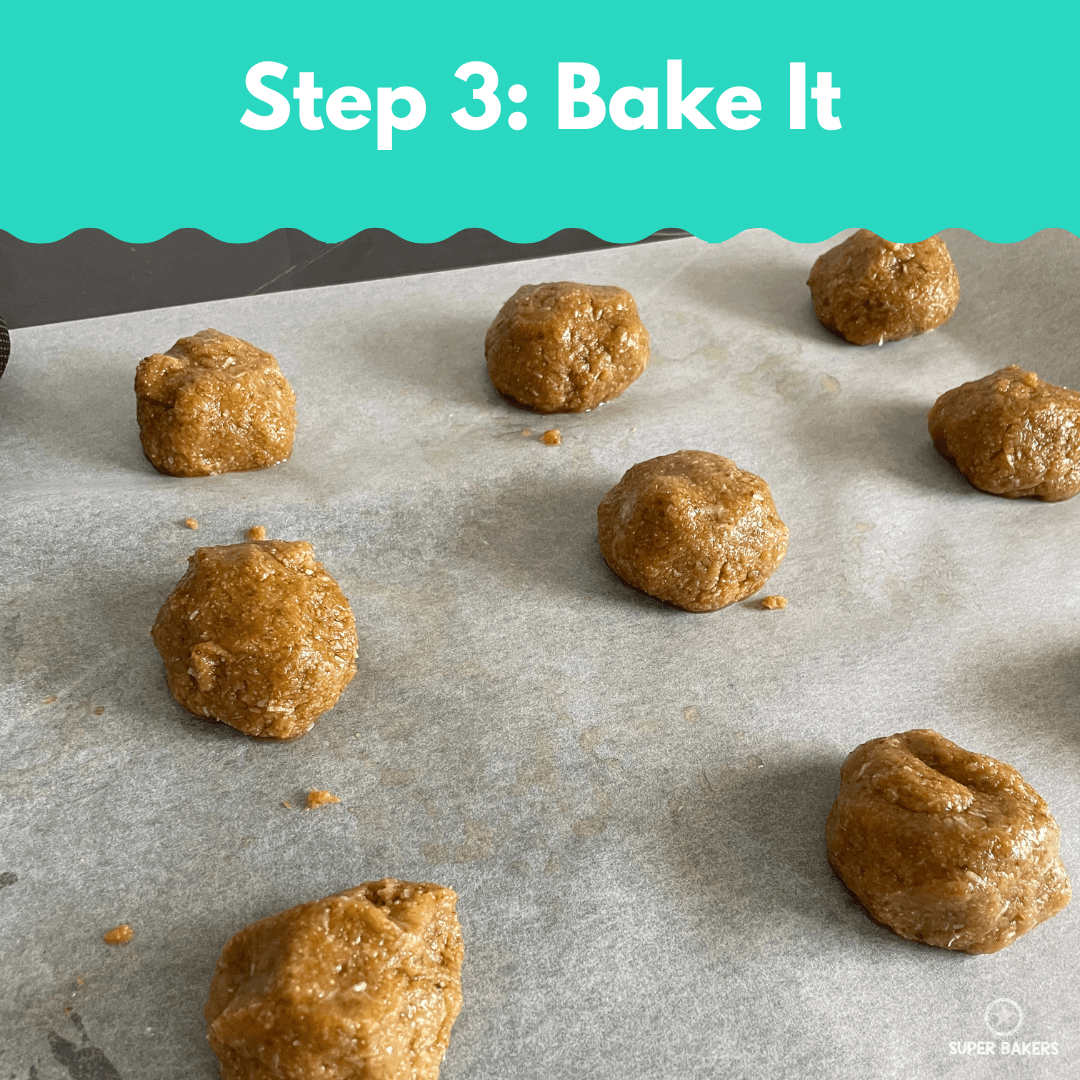 Basbousa Cookie Baking Mix dough balls arranged on parchment paper ready for baking, with teal instruction banner above
