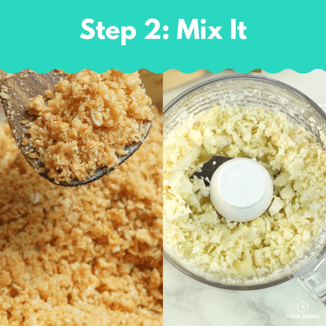 Cracker Baking Mix shown in food processor and mixed to crumbly texture, step 2 of preparation process