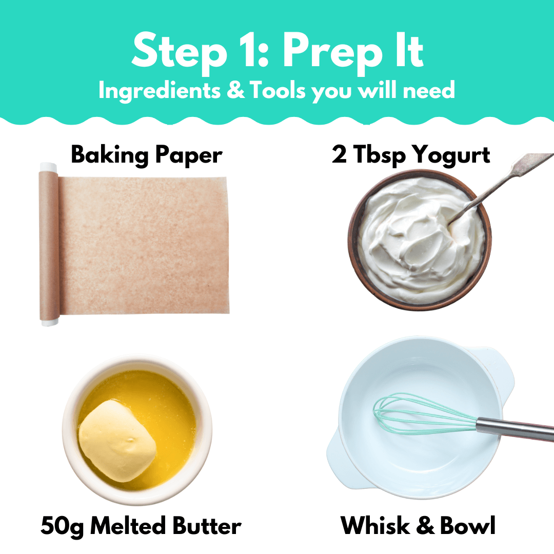 Basbousa Cookie Baking Mix prep ingredients showing baking paper, yogurt, melted butter, whisk and bowl on turquoise background