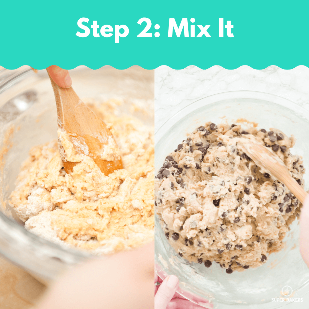 Chocolate Chip Cookie Baking Mix dough being mixed in bowl showing before and after adding chocolate chips