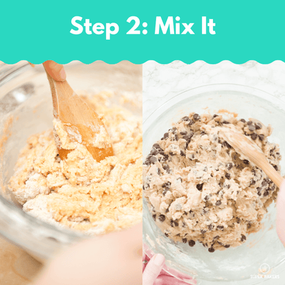 Chocolate Chip Cookie Baking Mix dough being mixed in bowl showing before and after adding chocolate chips